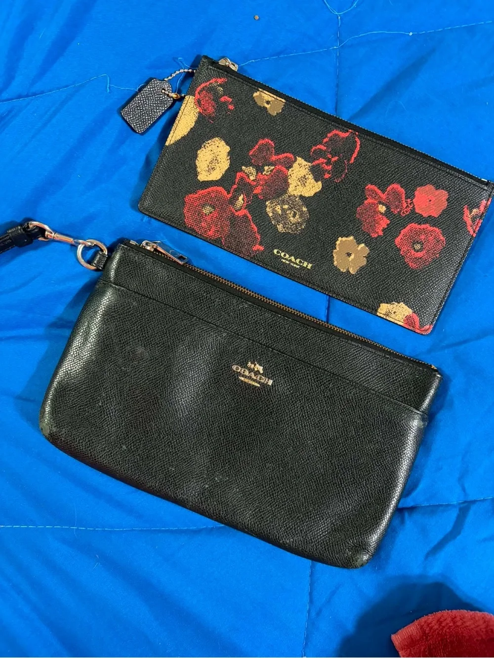 Coach Black Leather Wristlet Set with Red and Gold Floral Pouch